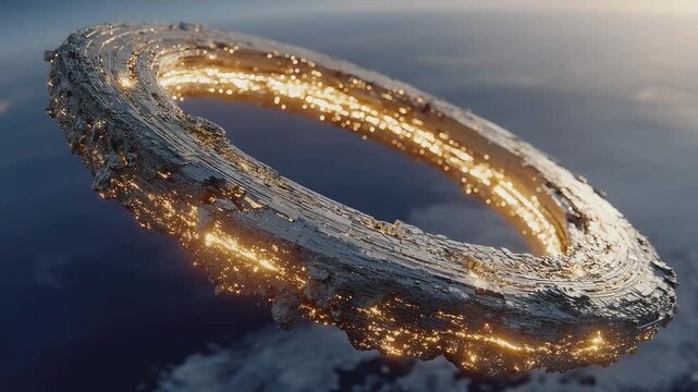Ring-Shaped Structure in Space: A magnificent, ring-shaped structure, seemingly floating in the vast expanse of space. The structure, illuminated by glowing lights.
