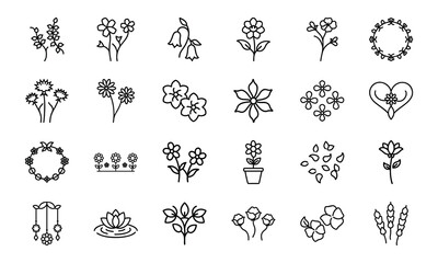 Elegant Flower Icon Collection Featuring Blossoms, Bouquets, Wreaths, Potted Plants, Petals, And Decorative Floral Elements In S (10)