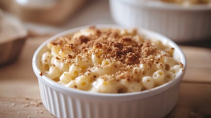 Creamy Macaroni and Cheese with Crispy Breadcrumbs in a Ceramic Bowl
