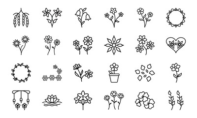Elegant Flower Icon Collection Featuring Blossoms, Bouquets, Wreaths, Potted Plants, Petals, And Decorative Floral Elements In S (11)