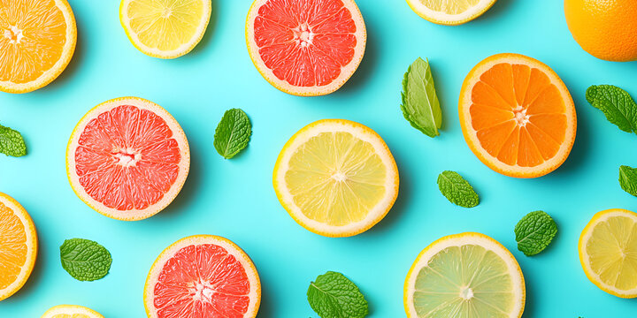 Colorful arrangement of sliced citrus fruits and fresh green mint leaves on a vibrant blue background.