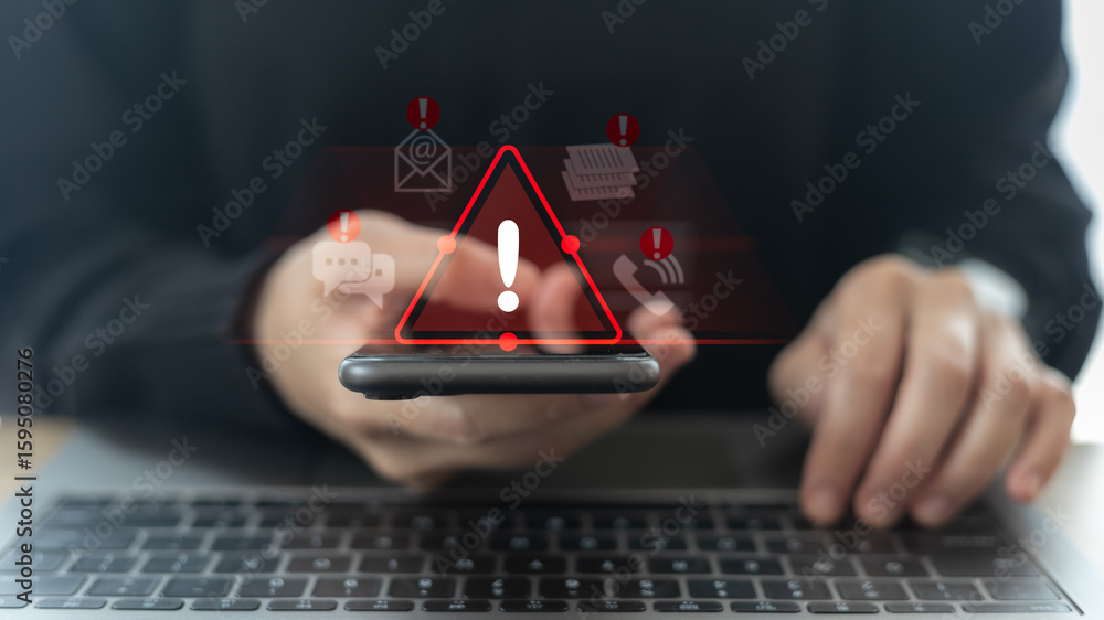 Poster smartphone with red warning icons and alert symbols showing cybersecurity threat, phishing scam, dan