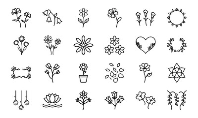 Elegant Flower Icon Collection Featuring Blossoms, Bouquets, Wreaths, Potted Plants, Petals, And Decorative Floral Elements In S (23)