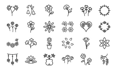 Elegant Flower Icon Collection Featuring Blossoms, Bouquets, Wreaths, Potted Plants, Petals, And Decorative Floral Elements In S (1)