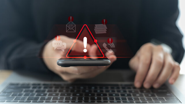 Smartphone with red warning icons and alert symbols showing cybersecurity threat, phishing scam, danger message, emergency communication or system error notification concept.