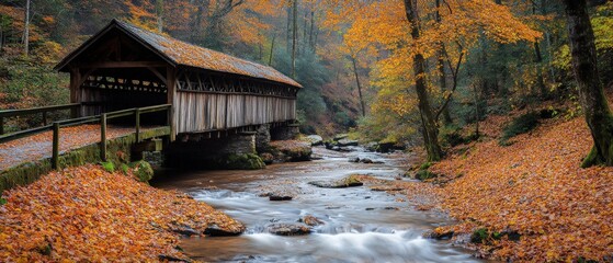 Covered bridge in autumn forest with flowing stream