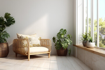 Cozy rattan chair by a sunlit window with lush green plants