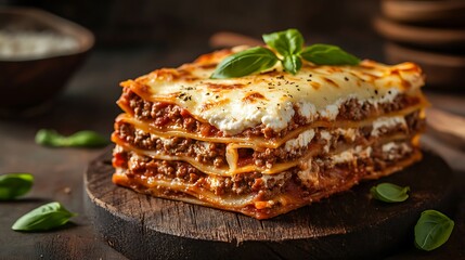 Homemade Lasagna with Fresh Basil and Melted Cheese