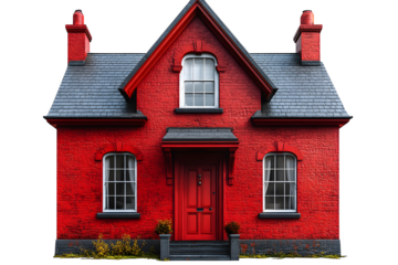 Red house with a large doorway on white background, concept of buying and selling real estate, rental housing, affordable housing, investment and construction