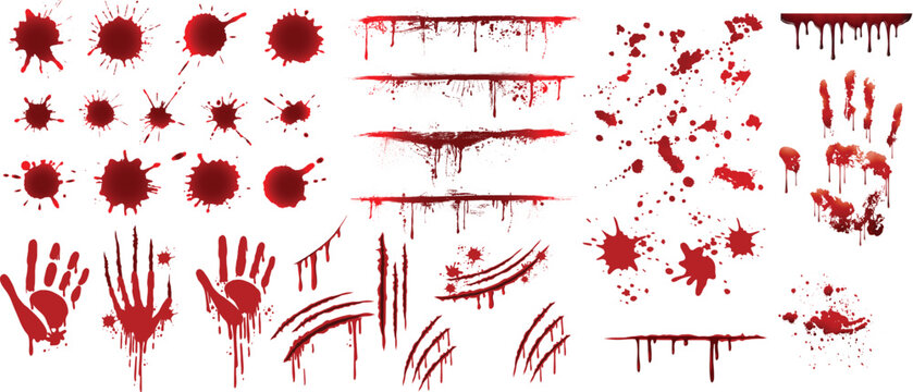 Red blood or paint flowing down on transparent background. Halloween, murder and horror concept. Red ink splash, splatter and stain, Blood spatters realistic bloodstain patterns set
