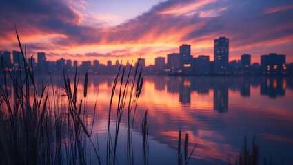 Fototapeta premium City Skyline at Sunrise Reflected in Water with Reeds Silhouette