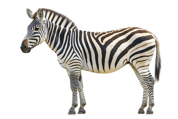 Obraz premium Side view full body of African zebra standing isolated on white background