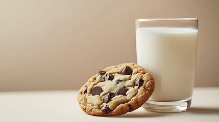 A chocolate chip cookie placed next to a glass of milk on a neutral background