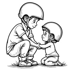 Child helping sibling put on helmet – Youth safety, family support