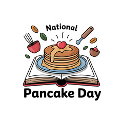 Stack of pancakes with syrup and heart on open book isolated on a transparent background