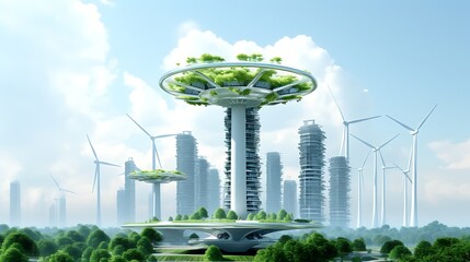 Vertical eco-skyscraper with wind energy rotors, placed against pale gray-blue background, sustainable theme, high realism .
