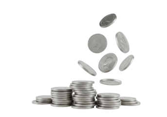 Multiple silver coins with distinct ridged edges, a neat stack at the bottom, others dynamically floating mid-air in a high-angle shot, against a bright white background with copy space, embodying