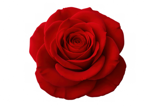 Vibrant red rose blossoming, transparent backdrop highlighting delicate petals, ideal for romantic design elements