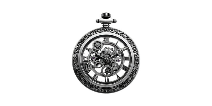 Intricate Skeleton Pocket Watch With Exposed Gears. Vintage Timepiece Design And Craftsmanship Isolated On Transparent Background