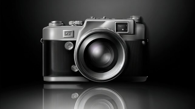 Sleek monochrome rendering of a vintage rangefinder camera on reflective surface