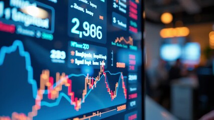 Stock market data screen displaying financial charts and dynamic trading analysis with hand pointing at trends and investment growth on digital screen - Powered by Adobe