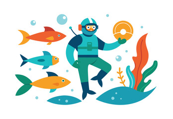 Underwater diver fish aqua hunter vector flat design illustration clipart