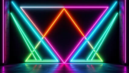Neon light geometric triangle shapes glowing in vibrant colorful hues on dark wall with reflective floor creating futuristic glowing atmosphere - Powered by Adobe