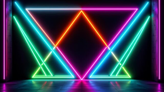 Neon light geometric triangle shapes glowing in vibrant colorful hues on dark wall with reflective floor creating futuristic glowing atmosphere - Powered by Adobe