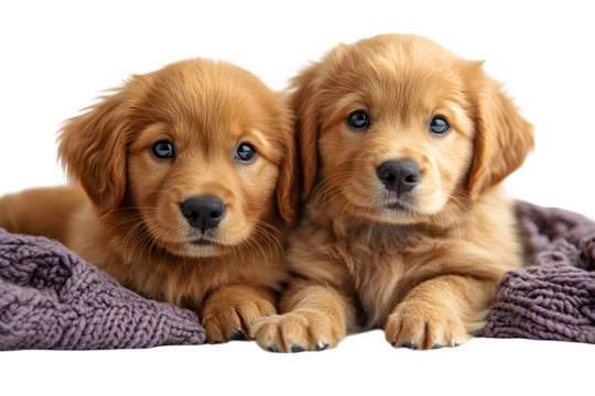 Two tiny golden retriever puppies isolated on white background