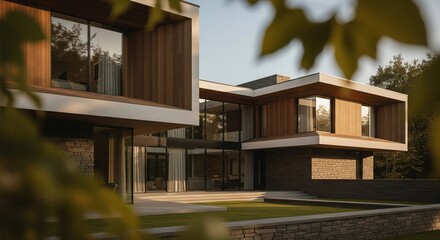 Fototapeta premium Modern Villa Architecture: Geometric Design, Luxury Home, Blurred Nature