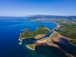 Aerial view of Neretva River delta and sandy beaches near Blace, Croatia – a scenic Mediterranean...