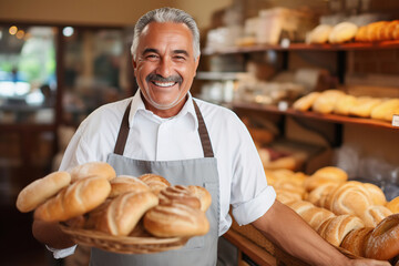 Hispanic senior baker with fresh bread in basket, artisanal bakery