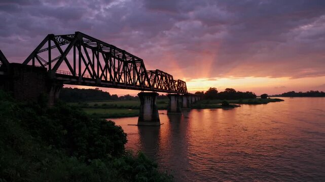 Picturesque Sunset over Historic Railway Bridge in Laos