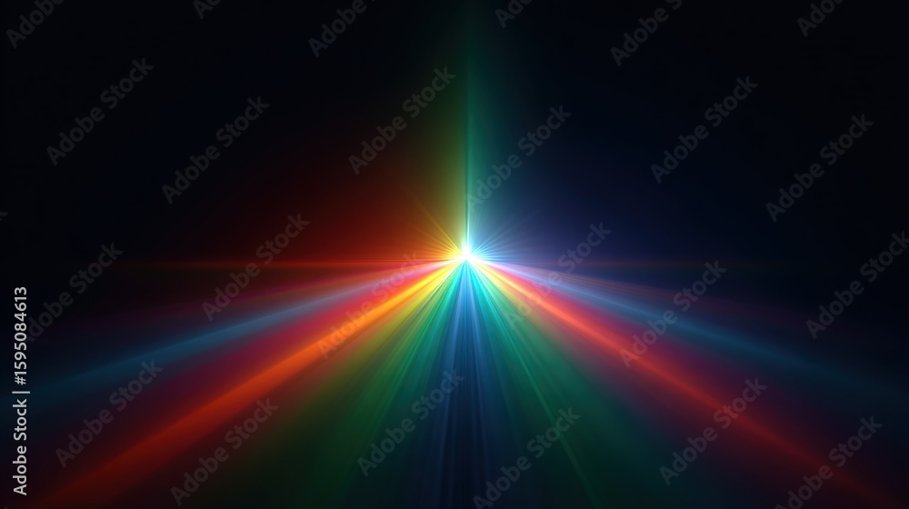 Poster vivid spectrum of light beams radiating from a central point against a dark void
