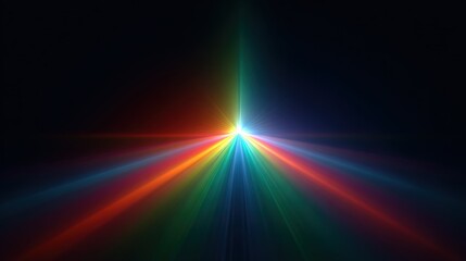 Vivid spectrum of light beams radiating from a central point against a dark void
