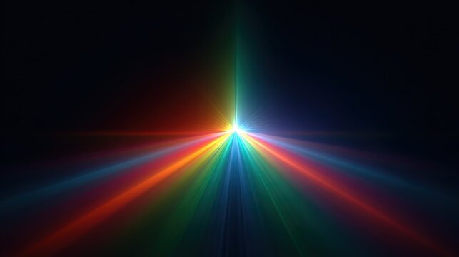 Vivid spectrum of light beams radiating from a central point against a dark void