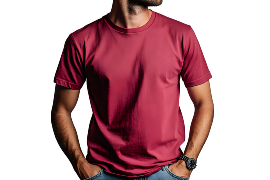 Young male in blank red t-shirt, front and back view, isolated white background with clipping path, design men t-shirt template and mockup for print