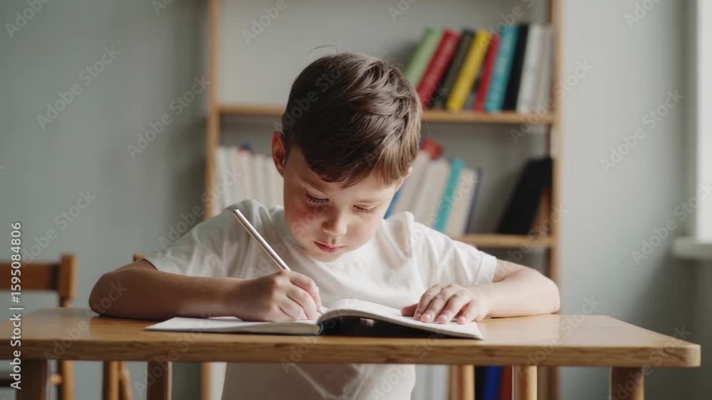 Poster young student working carefully on writing assignment, demonstrating deep concentration while seated