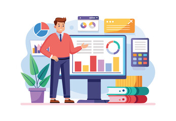 Man standing in front of computer showing data graph vector flat design clipart