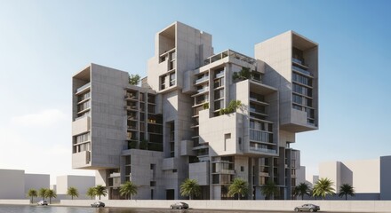 Modern architectural building with a unique, geometric design featuring stacked concrete blocks, balconies, and some greenery against a clear blue sky.