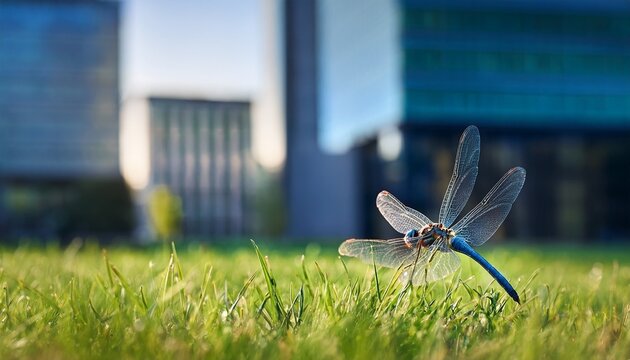 close up of dragonfly perched on grass with modern building in background