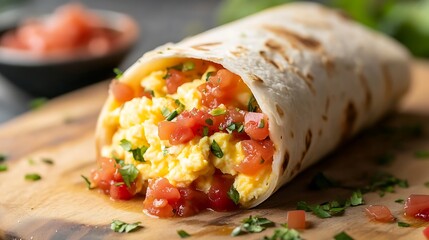 Freshly Made Breakfast Burrito with Scrambled Eggs, Tomatoes, and Herbs