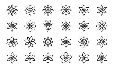 Elegant Flower Icon Collection Featuring Blossoms, Bouquets, Wreaths, Potted Plants, Petals, and Decorative Floral Elements in Silhouettes Style on White Background

