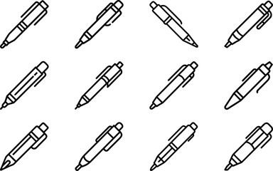 Collection of black and white outline illustrations of various pens and writing instruments