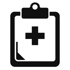 Black silhouette of a medical clipboard with paper isolated on white background