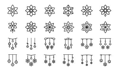 Elegant Flower Icon Collection Featuring Blossoms, Bouquets, Wreaths, Potted Plants, Petals, and Decorative Floral Elements in Silhouettes Style on White Background

