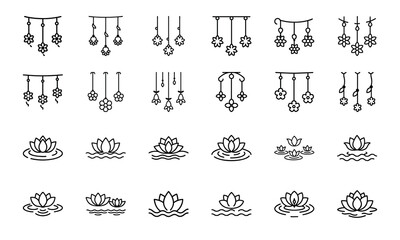 Elegant Flower Icon Collection Featuring Blossoms, Bouquets, Wreaths, Potted Plants, Petals, and Decorative Floral Elements in Silhouettes Style on White Background


