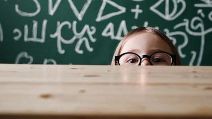 Schoolgirl with eyeglasses peeking over wooden desk in classroom, looking attentively at something on the surface, against a green chalkboard with math symbols - Powered by Adobe