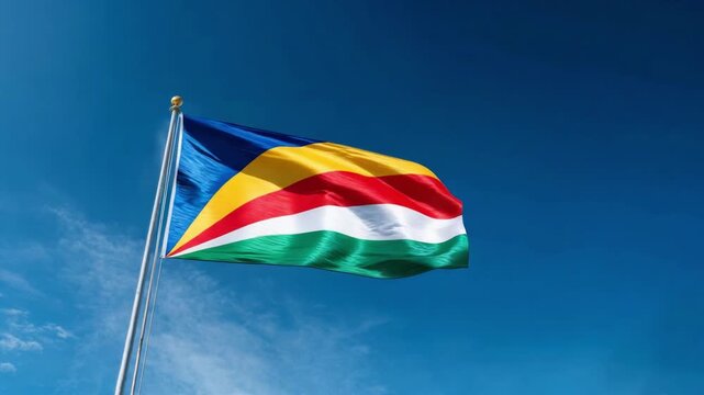 The bright flag of Seychelles waves proudly in the wind, symbolizing independence and national pride in a clear blue sky.