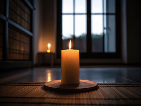 A lit candle sits on a wooden plate inside a dimly lit room, creating a warm, cozy ambiance with soft light in front of a window and another candle in the background.